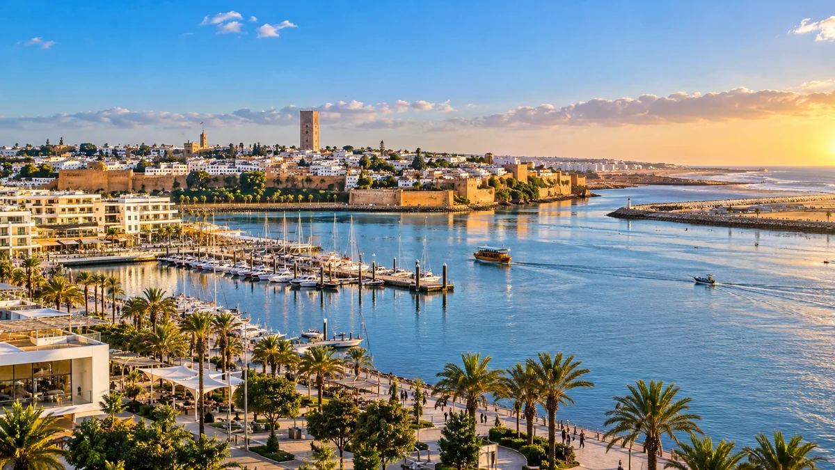 Panorama de Rabat et du Bouregreg : marina, remparts, Tour Hassan et lumière de fin de journée