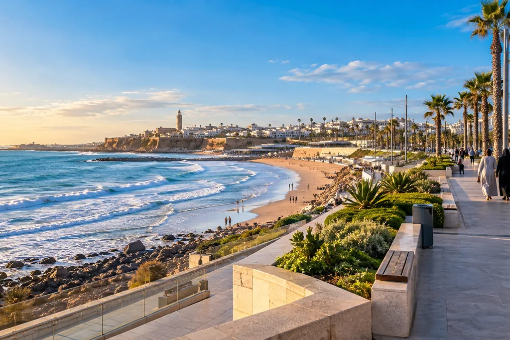 Plage de Rabat et promenade côtière au pied de la Kasbah des Oudayas