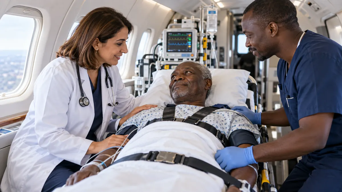 Évacuation sanitaire (EVASAN) vers le Maroc : équipe médicale auprès d’un patient dans un avion médicalisé