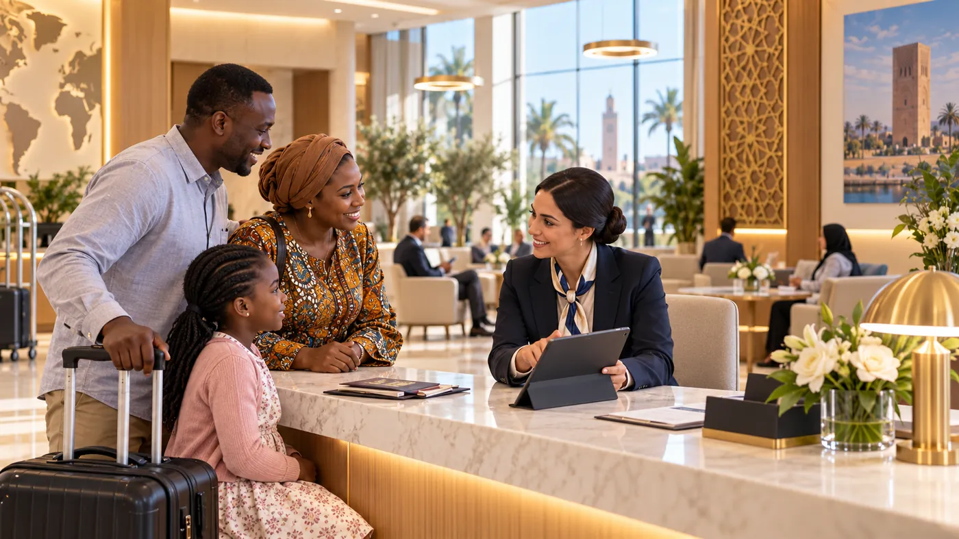 Famille africaine accueillie à Rabat par une coordinatrice Sevamed