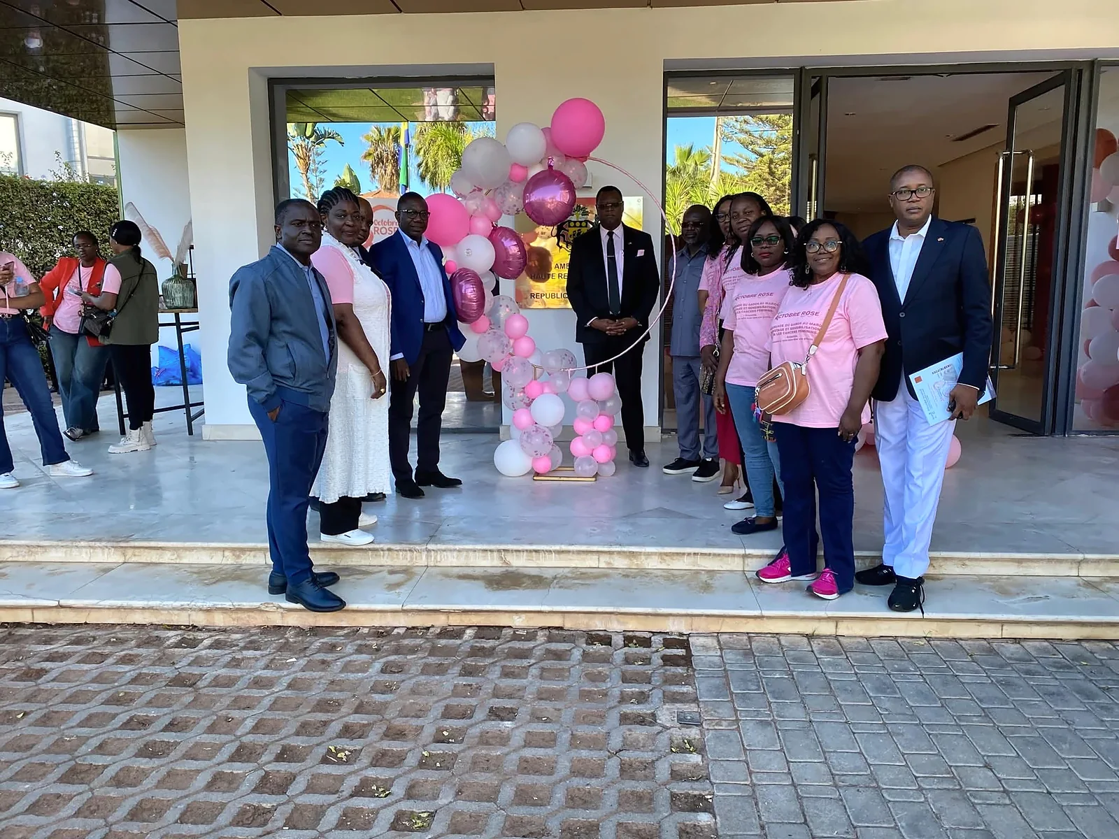 Arch of pink balloons at the entrance of the embassy during the Pink October mobilisation
