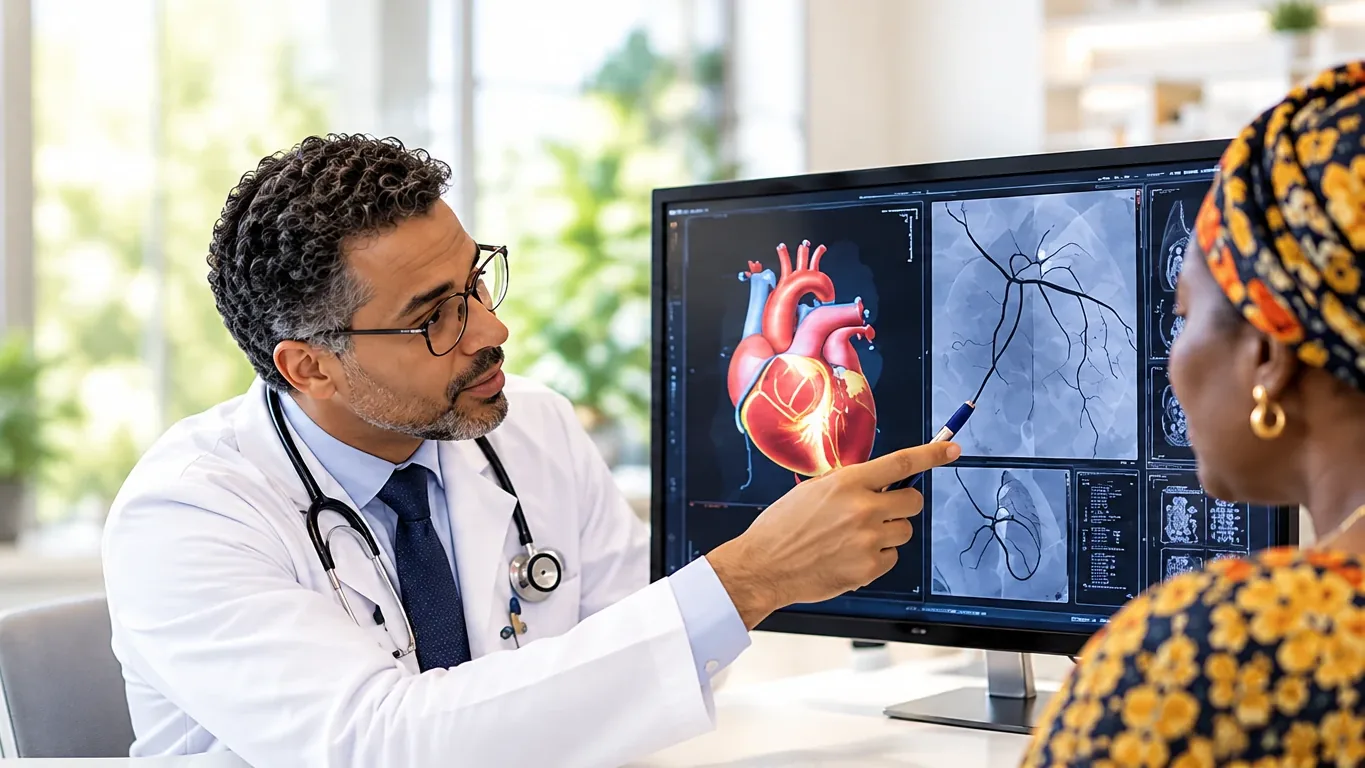 Illustration: a cardiologist discusses a coronary angiogram and a diagram of the heart with a patient