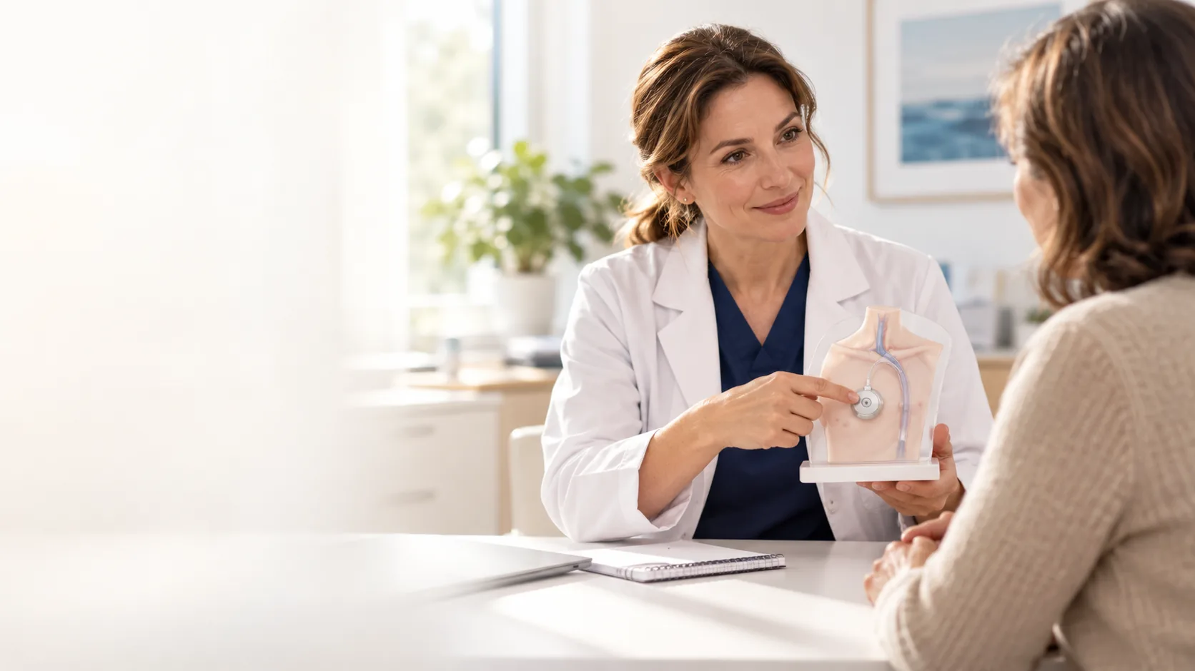 Nurse explaining an implantable port to a patient using a model