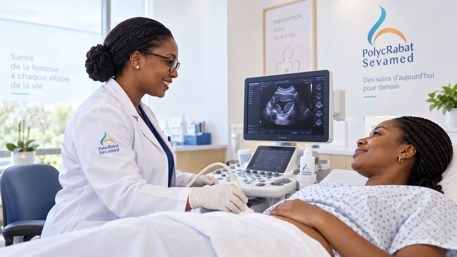 Médecin réalisant une échographie sur une patiente souriante