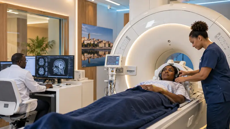 Patient allongé dans un scanner accompagné par une technicienne