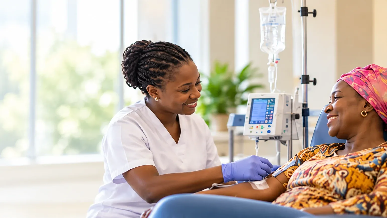 Illustration: a nurse prepares an infusion for a patient seated in a chair