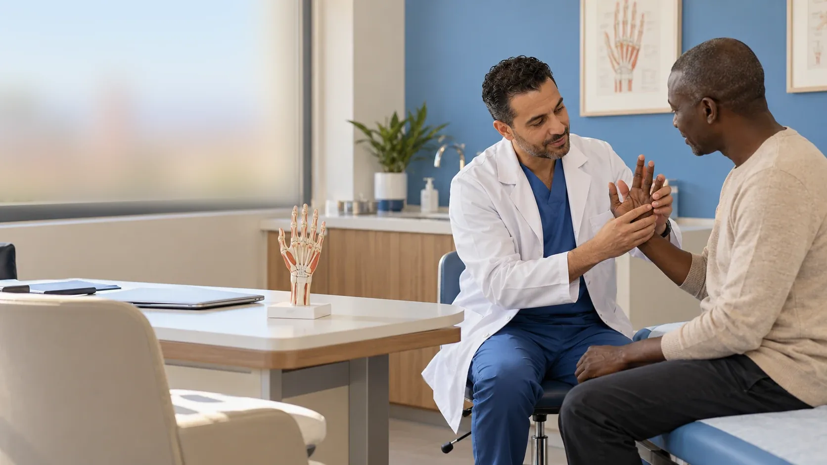 Illustration: a surgeon examines a patient’s hand, with an anatomical model of the hand on the desk