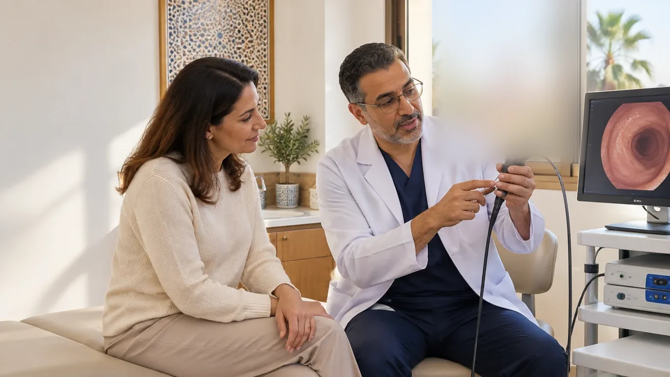Illustration : un médecin présente un endoscope à une patiente, image endoscopique à l’écran