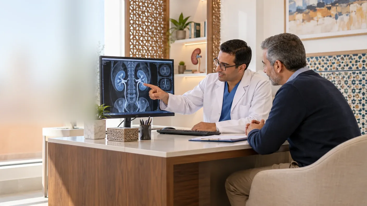 Illustration: a urologist discusses kidney imaging with a patient