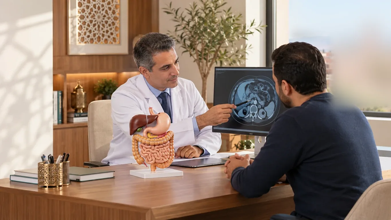 Illustration: a surgeon discusses an abdominal CT scan with a patient, with a model of the digestive system