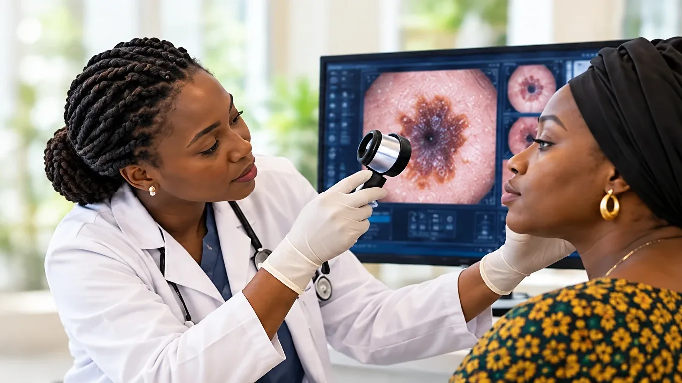 Illustration: a dermatologist examines a patient’s skin with a dermatoscope