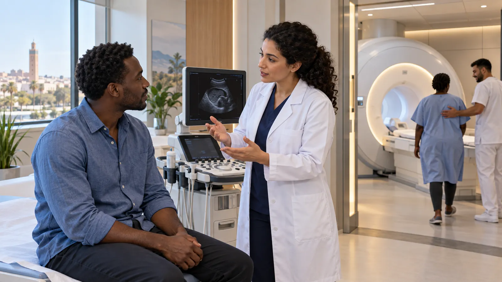 Un médecin explique un examen d’échographie à un patient, avec une salle d’imagerie en arrière-plan