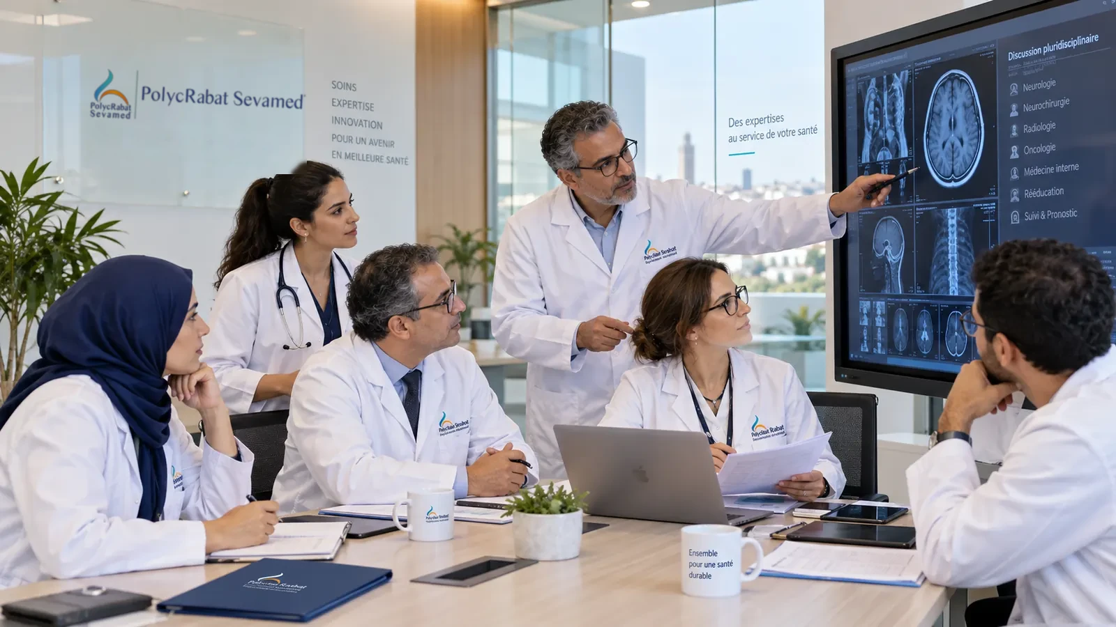 Équipe de médecins réunie autour d’un écran affichant une imagerie cérébrale