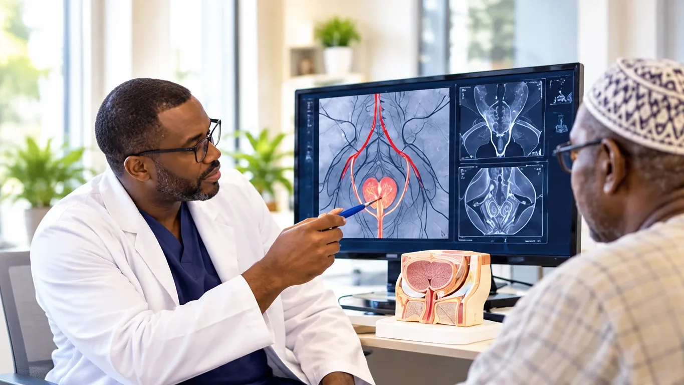 Illustration : un médecin commente une imagerie vasculaire de la prostate avec un patient