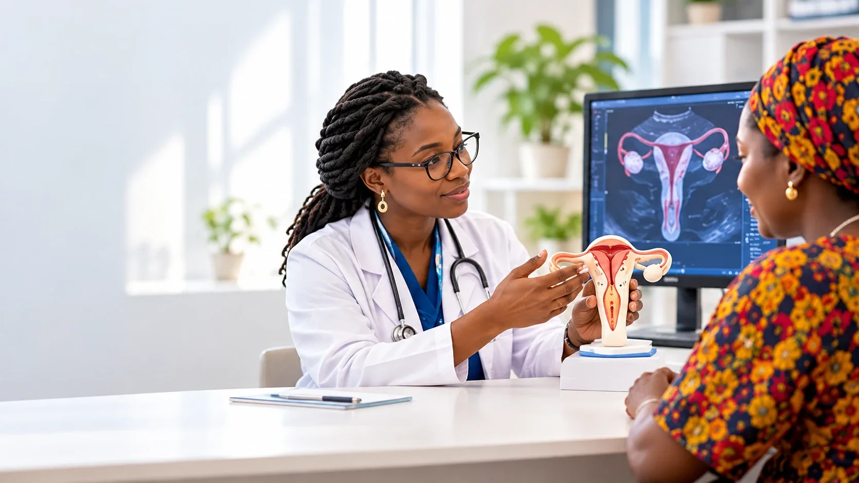 Illustration: a gynaecologist explains an anatomical model of the uterus to a patient