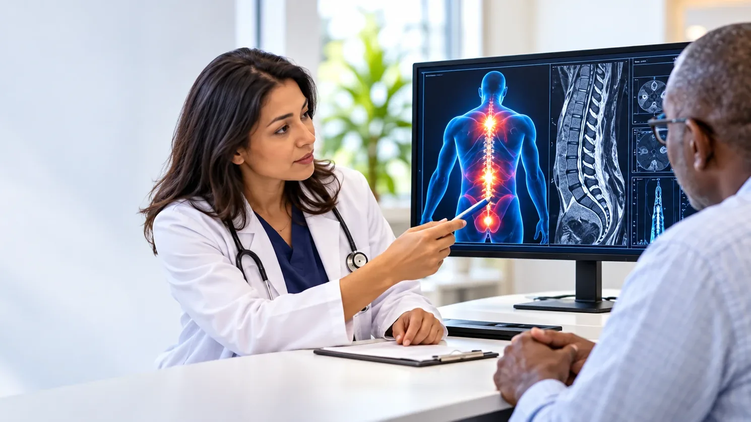 Illustration : une médecin commente une imagerie du rachis avec un patient