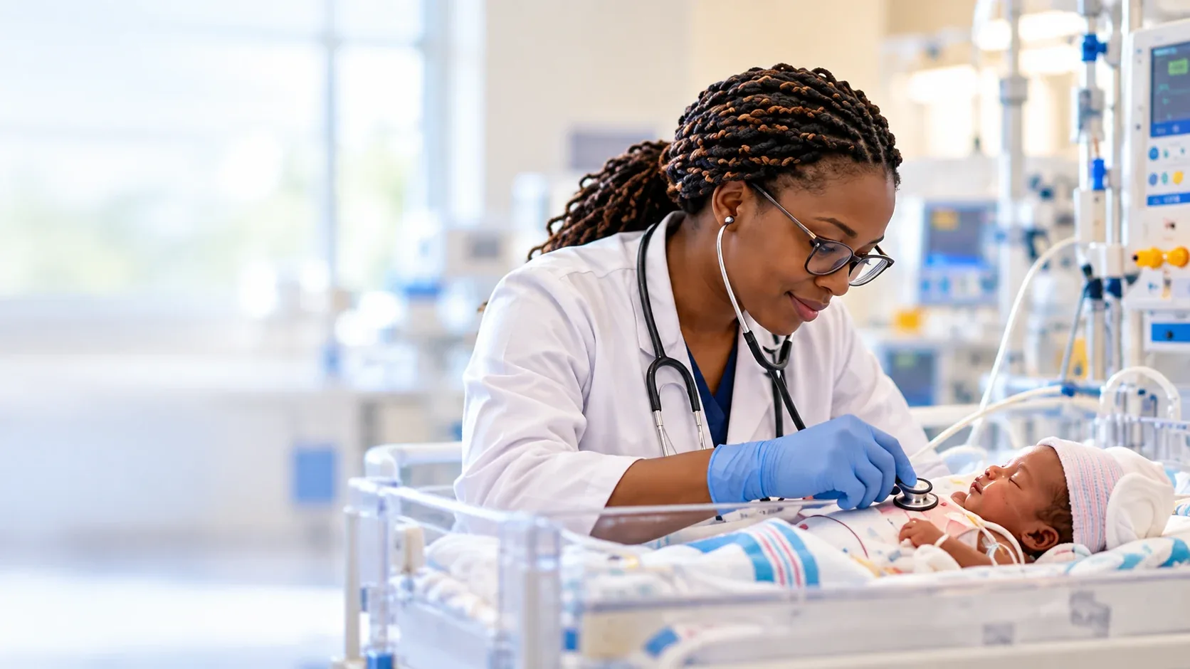 Illustration: a paediatrician listens to a newborn’s chest in a neonatal unit