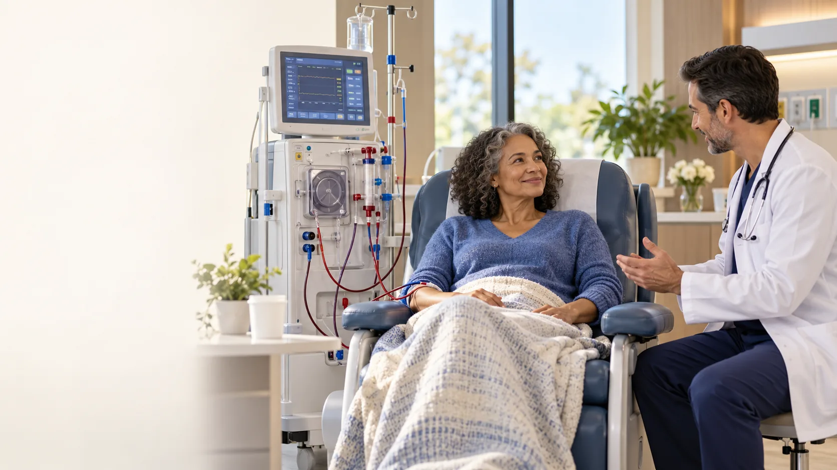 Illustration: a doctor talks with a patient seated in a chair during a dialysis session