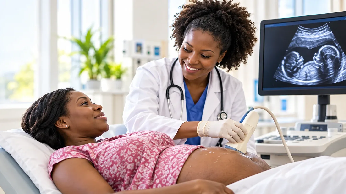 Illustration : échographie obstétricale d’une femme enceinte, image du fœtus à l’écran