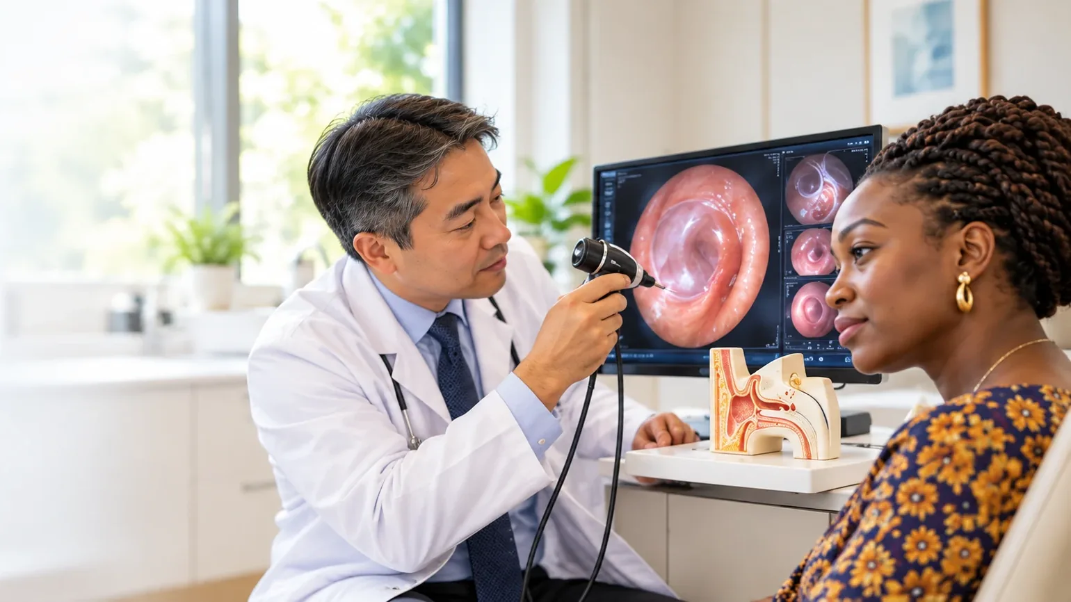 Illustration : un médecin ORL réalise une otoscopie chez une patiente, image du tympan à l’écran