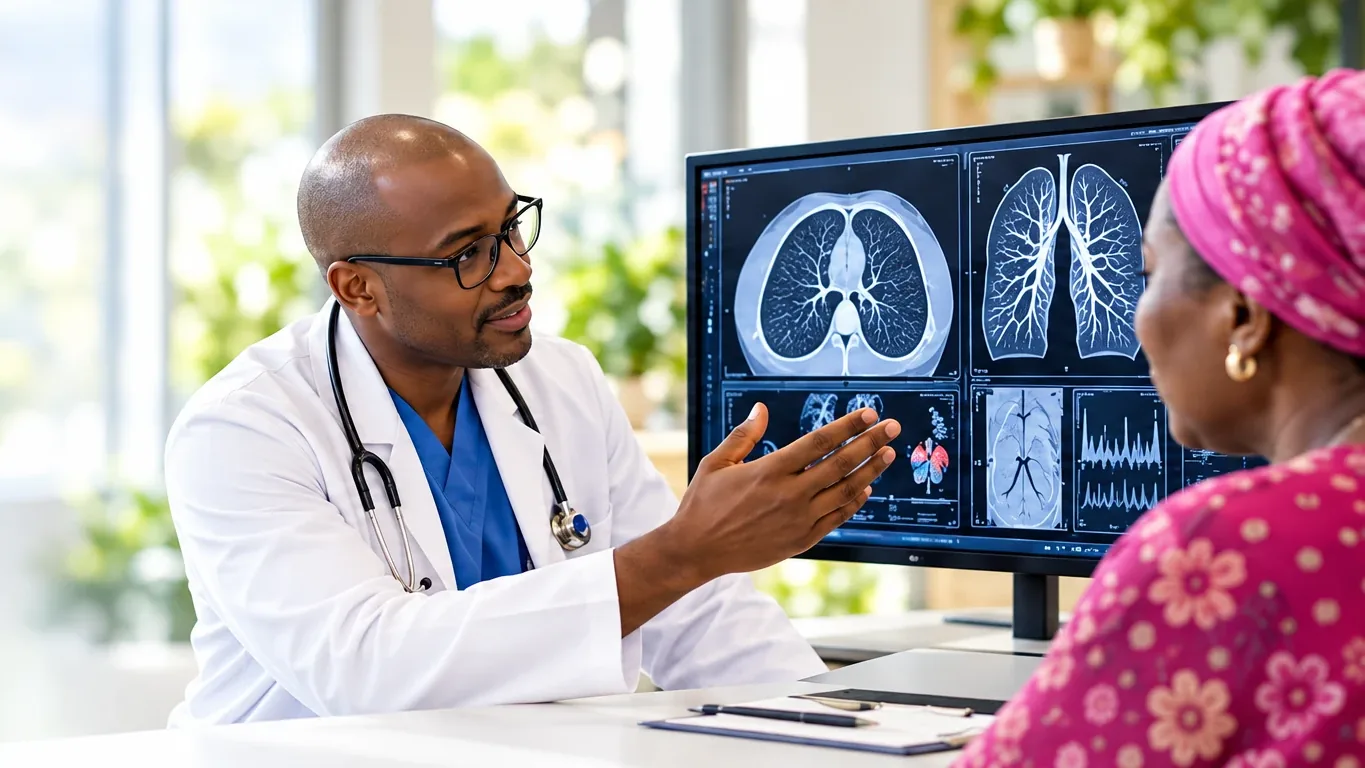 Illustration: a pulmonologist discusses a chest CT scan with a patient
