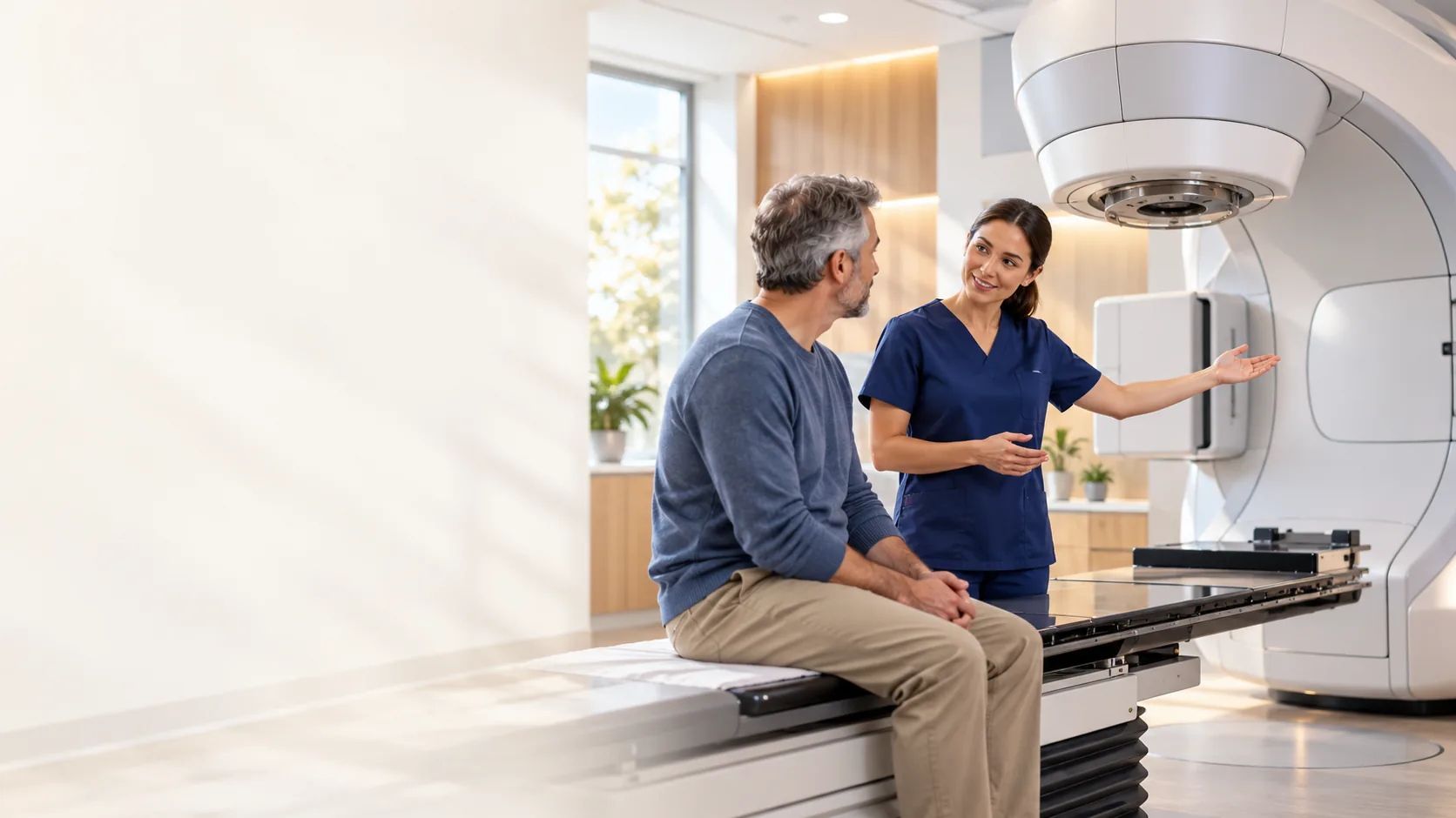 Illustration: a nurse shows the radiotherapy machine to a patient seated on the treatment table