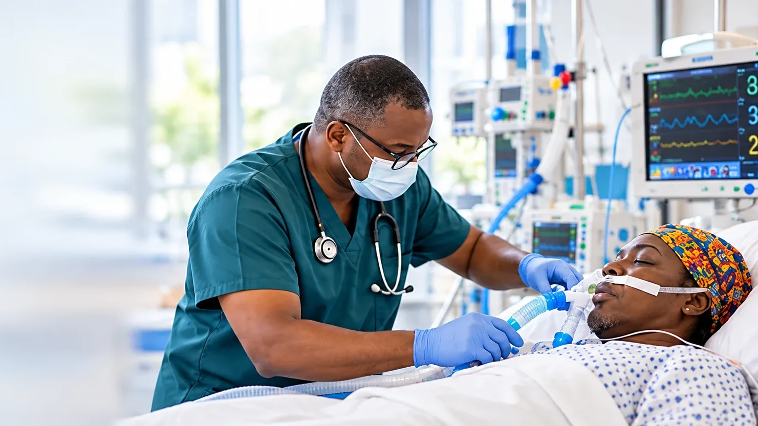 Illustration: a healthcare worker monitors a ventilated patient in intensive care, with monitors in the background