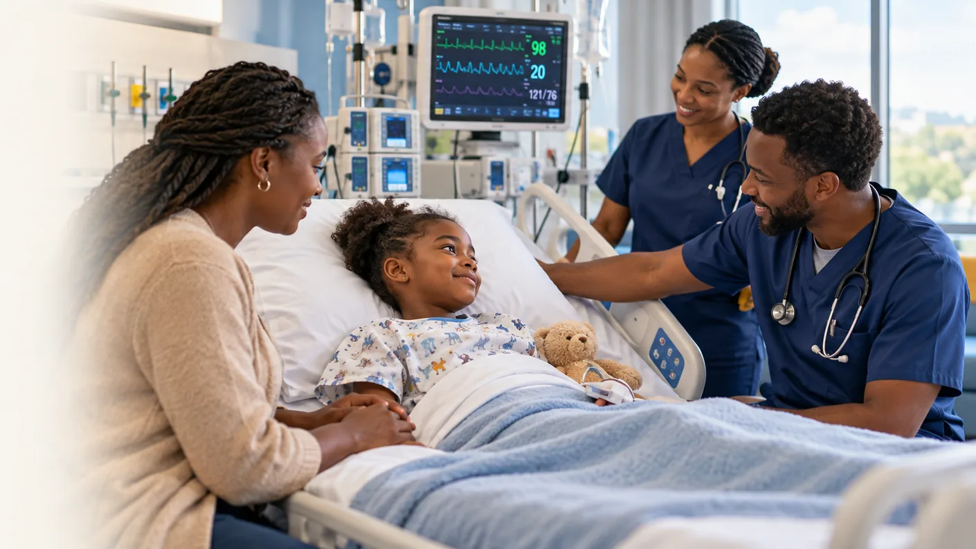 Illustration: a bedridden child under monitoring, surrounded by her mother and two healthcare workers