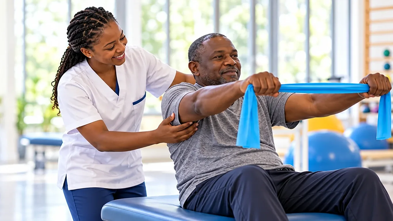 Illustration: a physiotherapist guides a patient during an exercise with a resistance band
