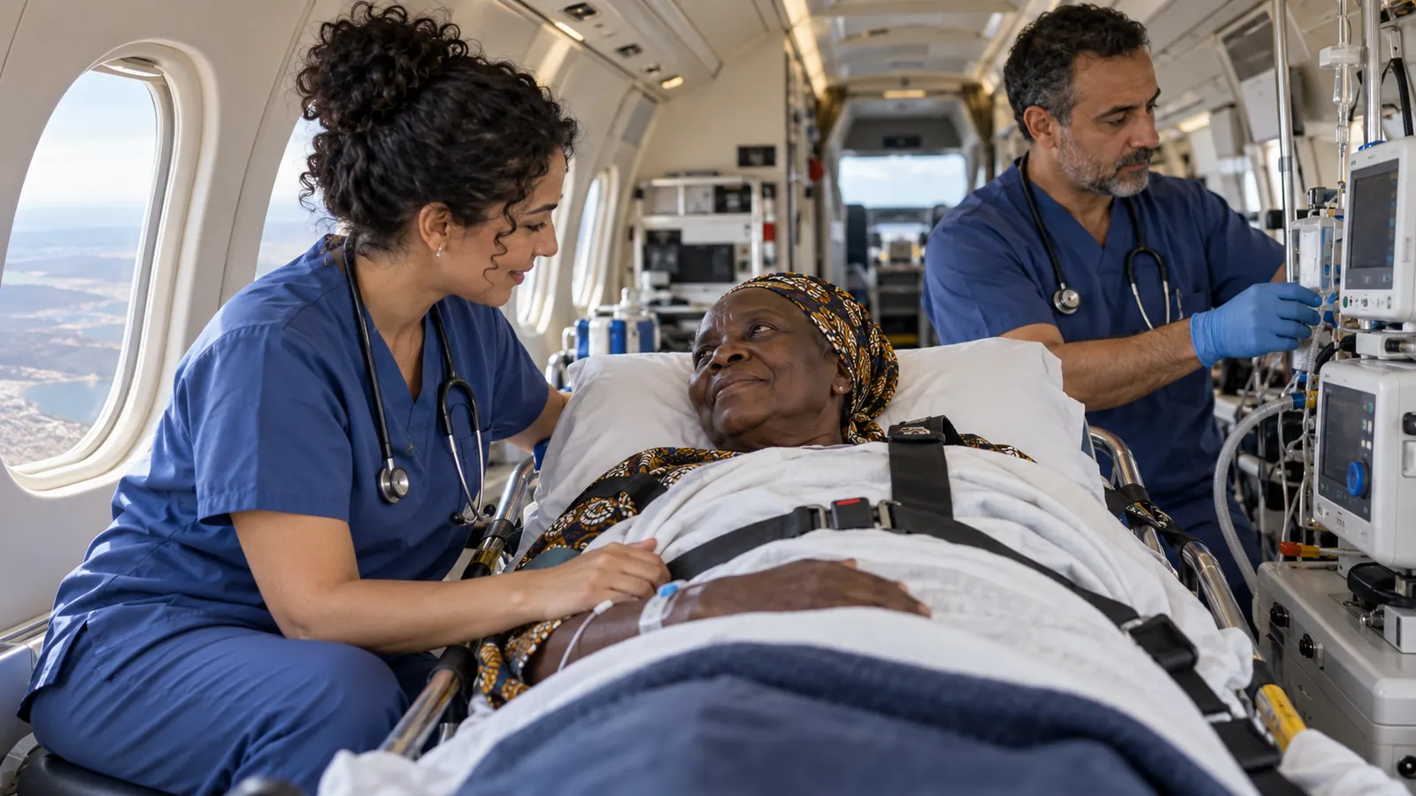 Équipe médicale accompagnant une patiente d’Afrique subsaharienne dans un avion sanitaire