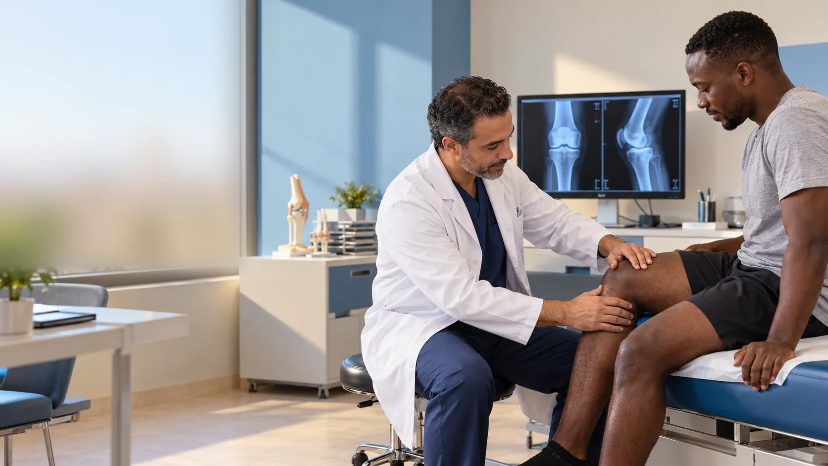 Illustration: a doctor examines a patient’s knee, with knee X-rays on the screen